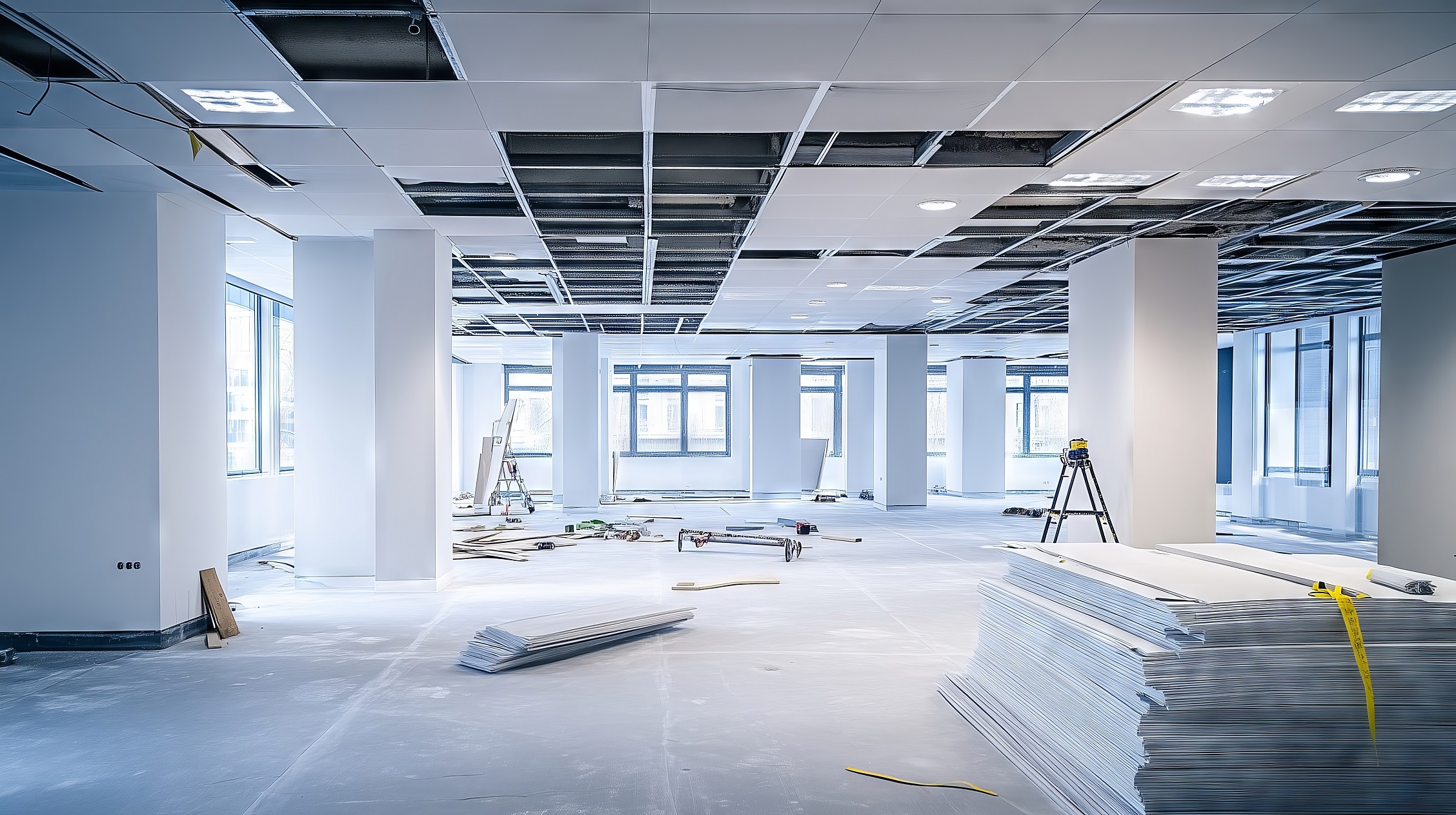 Construction site of a modern office with suspended ceiling grid and ceiling tiles being installed.